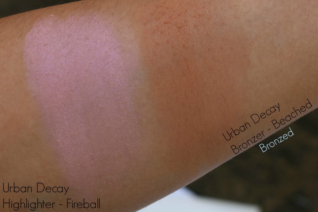 Swatches - Urban Decay Fireball Highlighter, Urban Decay Beached Bronzer 